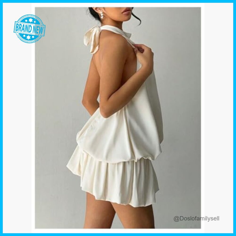 Y2K Backless Ruffle Bubble Halter Mini Dress Poly… - image 3
